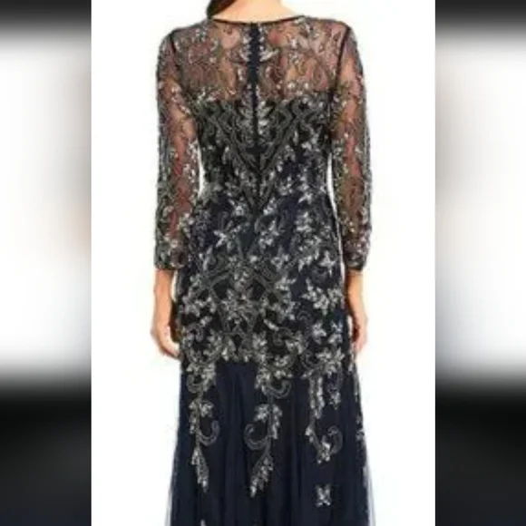 Adrianna Papell Navy and Gold Long Sleeve Gown - Picture 4 of 12